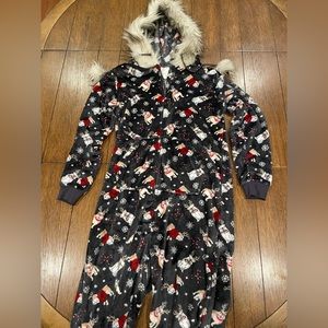 Cozy Hooded Onesie with Holiday dog print. Faux fur lined hood w/ pompoms. Sz. S